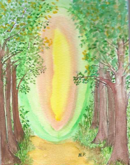 Watercolor forest path with a bright opening