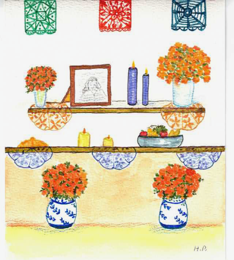 Colorful ofrenda shelf with marigolds, candles, and papel picado