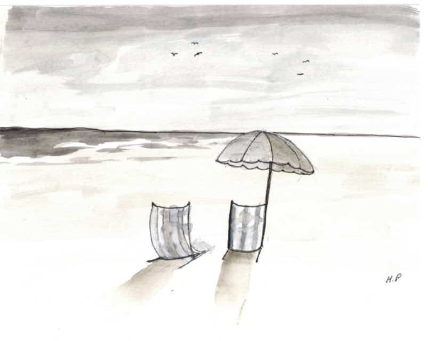 Quiet beach scene with two chairs and an umbrella in grey tones