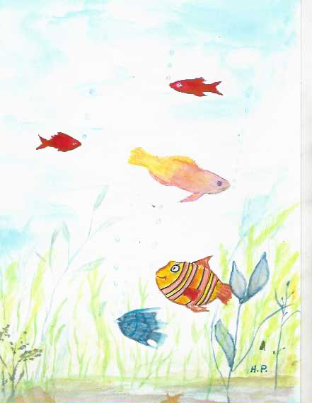 Colorful watercolor fish among underwater plants