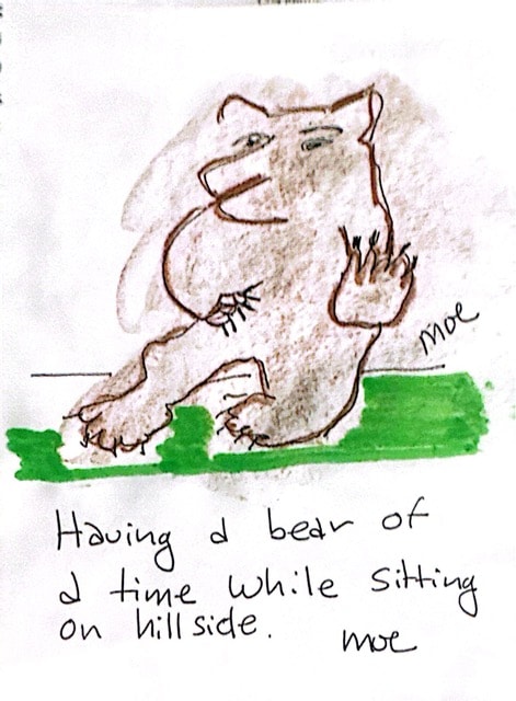 Having a bear of a time while sitting on hillside. Moe