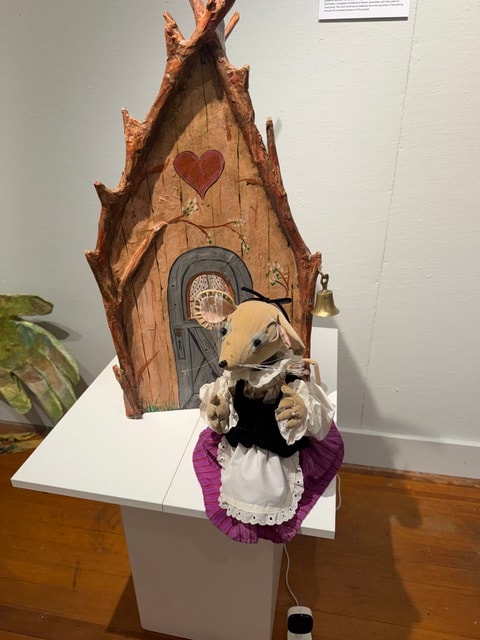 Wooden birdhouse sculpture with mouse figurine — Kent CT Puppetry Exhibit