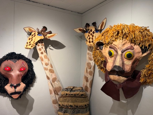 Large animal head puppets — giraffe, gorilla, and lion — Kent CT Puppetry Exhibit