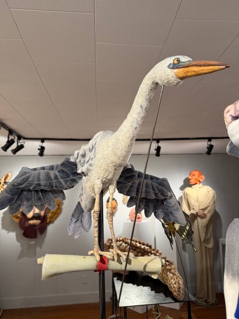 Great blue heron puppet sculpture on display — Kent CT Puppetry Exhibit