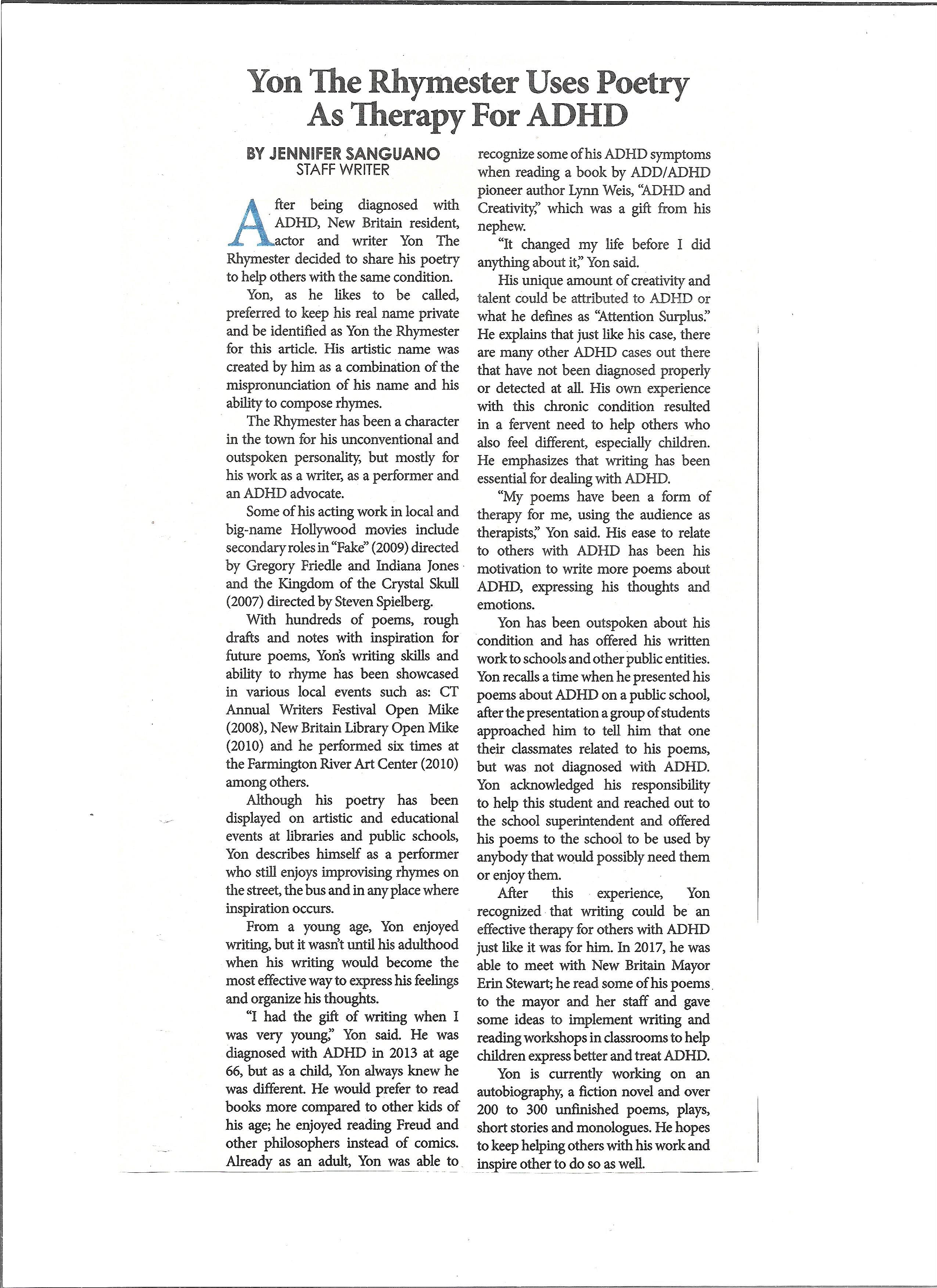 Newspaper article: Yon The Rhymester Uses Poetry As Therapy For ADHD, by Jennifer Sanguano